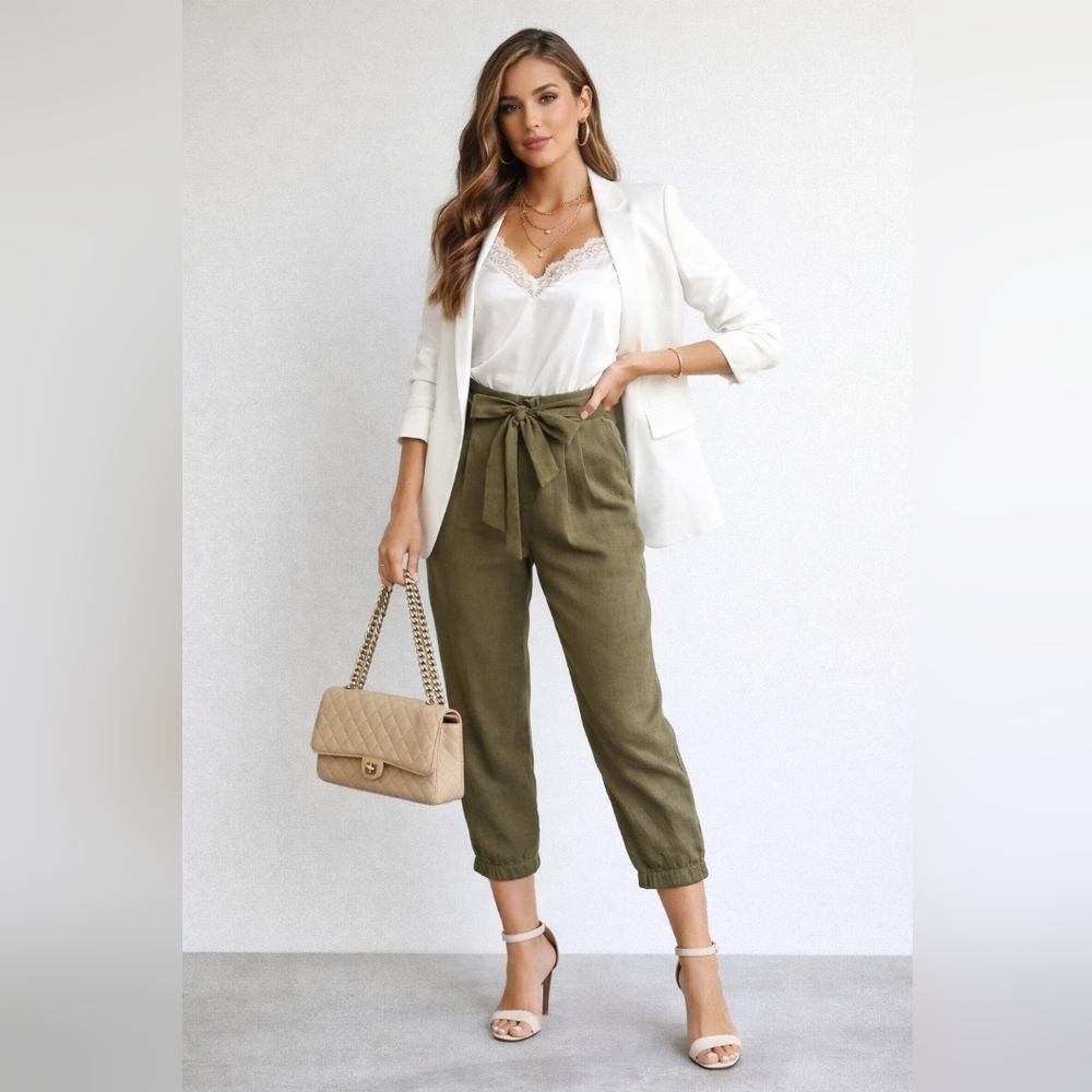 High Waist Linen Blend Pants in Olive Green